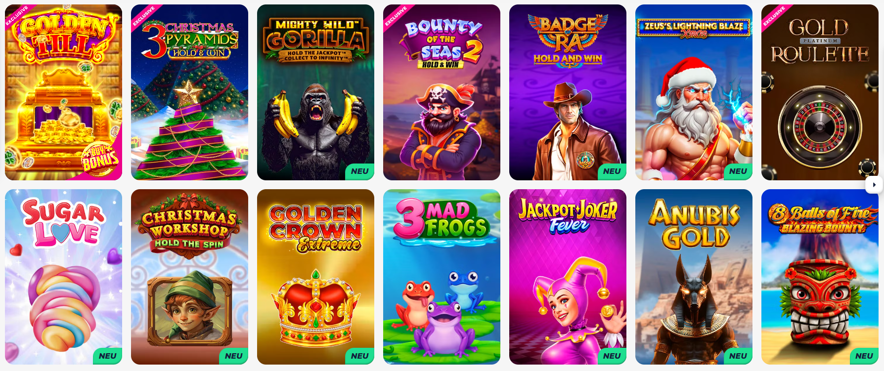 Spielkatalog GreatWin Casino mit Auswahl