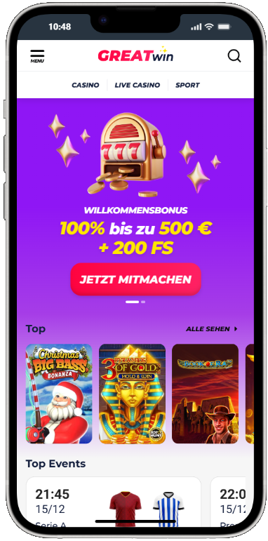 Plattformübersicht GreatWin Casino mit Hauptfunktionen